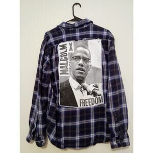 Upcycled Eddie Bauer Flannel SZ L – Malcolm X Graphic Back Patch Hand Sewn DIY